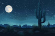 Starry illustration night over desert with cactus and moon