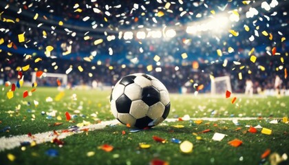 'field soccer Evening win. championship confetti stadium arena sunlight fun gate natural green illuminated wide tinsel dramatic yellow success cup match grass celebration fan light spotlight full'