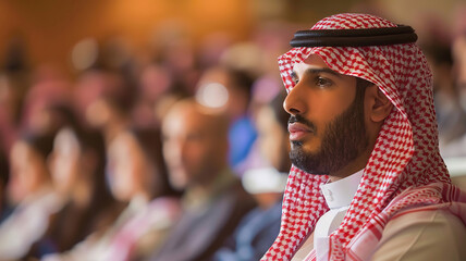 Thoughtful Arab Man in Traditional Keffiyeh at Conference