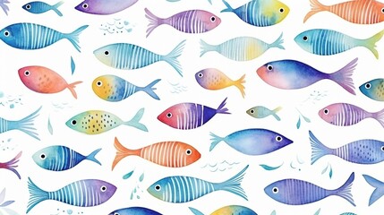 Wall Mural - Watercolor fishes seamless pattern in hand drawn style isolated on white background.