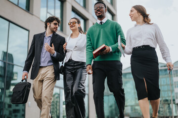 Wall Mural - A dynamic snapshot of young professionals from a startup engaging in a project discussion while walking in a city area.