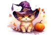 Cute kitten in witch hat and pumpkin. Halloween vector illustration.