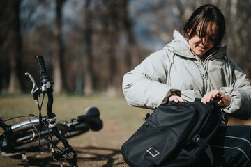 Wall Mural - A cheerful young lady prepares for a bike ride by organizing her backpack in a sunny park setting.