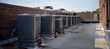 Panoramic View of a Row of AC Outer Units on Rooftop: Ultrawide Banner Advocating Against Environmental Control Practices