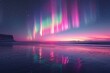 A beautiful, colorful aurora borealis lights up the sky above a beach