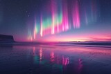 Fototapeta Tęcza - A beautiful, colorful aurora borealis lights up the sky above a beach