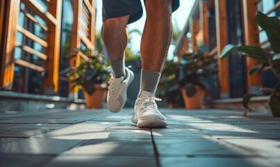 Poster - A man is running on a sidewalk with a pair of white sneakers