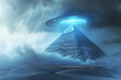 ufo hovering over the pyramid of giza, during an electrical storm