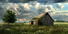 Rustic Barn Landscape Detailed Illustration Of Old Barn In Field With Cloudy Sky