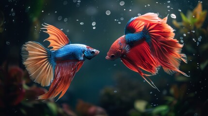 Graceful ballet of two vibrant betta fish under the sea with AI generative imagery
