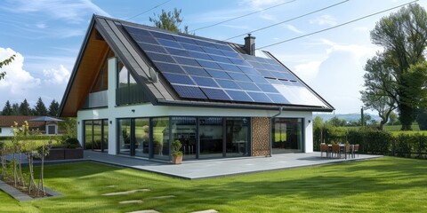 Sticker - A, eco-friendly house with solar panels on it