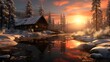 Winter landscape with wooden house on the bank of mountain river at sunset