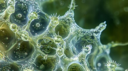 A microscopic image showing the intricate surface structure of a colonial algae with tiny spiny projections and an intricate latticelike