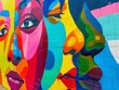 A mural of three women's faces in bright colors.