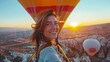 happy woman, flying in hot air balloon, during sunset in cappadocia. Image taken with a wide angle lens