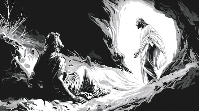 Captivating black and white illustration of Jesus Christ's resurrection with an open tomb, evoking hope and rebirth in a spiritual scene