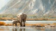 A majestic elephant mother and her adorable baby roam peacefully amidst a breathtaking natural landscape, with towering mountains forming a serene backdrop.