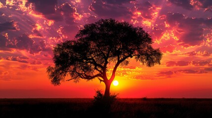 Wall Mural - Captivating African panorama showcases the silhouette of a tree against the vibrant hues of a breathtaking sunset, evoking a sense of tranquility and the beauty of the African wilderness.