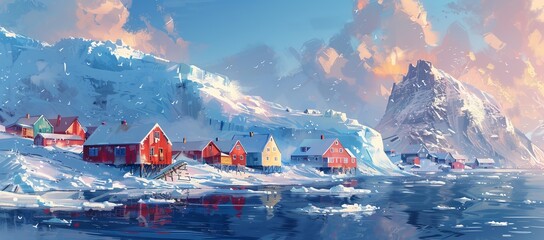 Watercolor. Serene Greenlandic village nestled by the icy coast, colorful houses contrasting with stark white glaciers