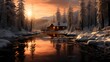 Beautiful winter landscape with a wooden house on the bank of a mountain river