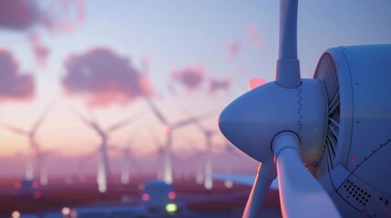 A network of wind turbines in the background serving as a reminder of the potential for renewable energy sources to power airplanes in the future. .