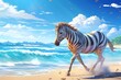 cartoon illustration, a zebra is walking on the beach