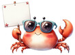 A cute crab wearing sunglasses holding a white sign

