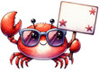 A cute crab wearing sunglasses holding a white sign
