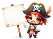 A cute pirate holding a white sign