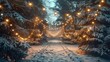 3D Christmas lights strung up between snowy trees