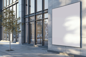 A blank white billboard on the facade of a modern building on a city street, concept of advertising space. Generative AI