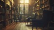 A hushed library bathed in soft dreamy light with stacks of unod volumes and chairs tucked in quiet corners inviting readers to lose themselves in imaginary worlds. .
