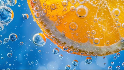 Wall Mural - orange in water, a slice of orange submerged in a clear, bubbly liquid