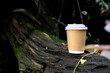 paper cup of coffee in green garden