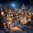 Winter village at night with snow covered houses and trees. Christmas card.