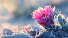 A Close-up Of A Vibrant Cactus Flower, Bright Pink Petals, Crystalline Ice Forming On Edges, In A Frosty Desert Landscape