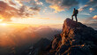 © Alice a. - A traveling hiker standing on the top of a mountain with beautiful nature landscape. Life achievement concept.