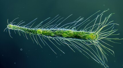 Sticker - A microscope image of a single algal cell with long slender strands of hairlike structures extending from its surface known as flagella.