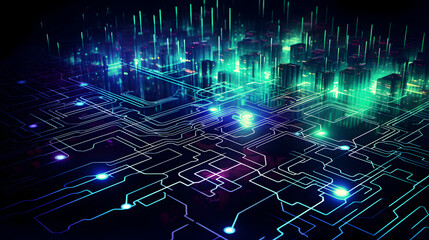 Digital technology neon abstract geometric circuit graphic poster web page PPT background