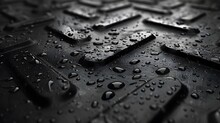 Close-up View Of Water Droplets On Black Technological Surface, Highlighting Texture And Detail