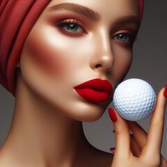 Wall Mural - close up photograph of a woman with red lipstick, side angle view, holding a white golf ball