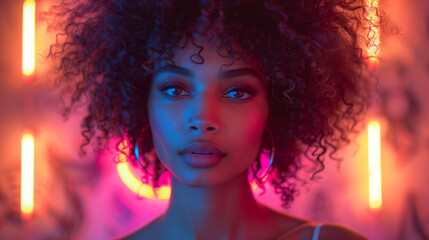 A Young Woman's Radiant Beauty in Neon Lights with Flawless Skin and Curls