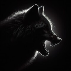 Wall Mural - A wolf in dark portrait, with the rim light. black and white