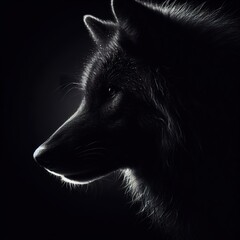 Wall Mural - A wolf in dark portrait, with the rim light. black and white