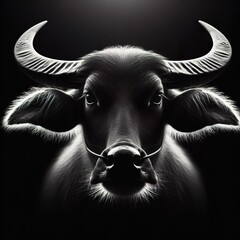 Wall Mural - A buffalo in front portrait, with the rim light. black and white