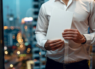 Wall Mural - hand holding blank white book cover for mockup. isolated background . Generative AI