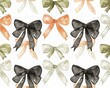 Watercolor pattern decorative bows in different colors and shapes for gift packaging. Background for Valentine's Day, boxing day, Black friday, women's Day, Birthday, Christmas.
