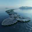 A 3D concept image showing a series of solar panels fashioned into the shape of a giant leaf on the waters surface