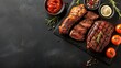 Juicy grilled steaks on slate with aromatic herbs, spices, and fresh tomatoes, Concept of gourmet cuisine, indulgence, and culinary arts