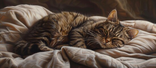 Wall Mural - An artistic depiction of a cat peacefully lying on a soft blanket spread over a cozy bed